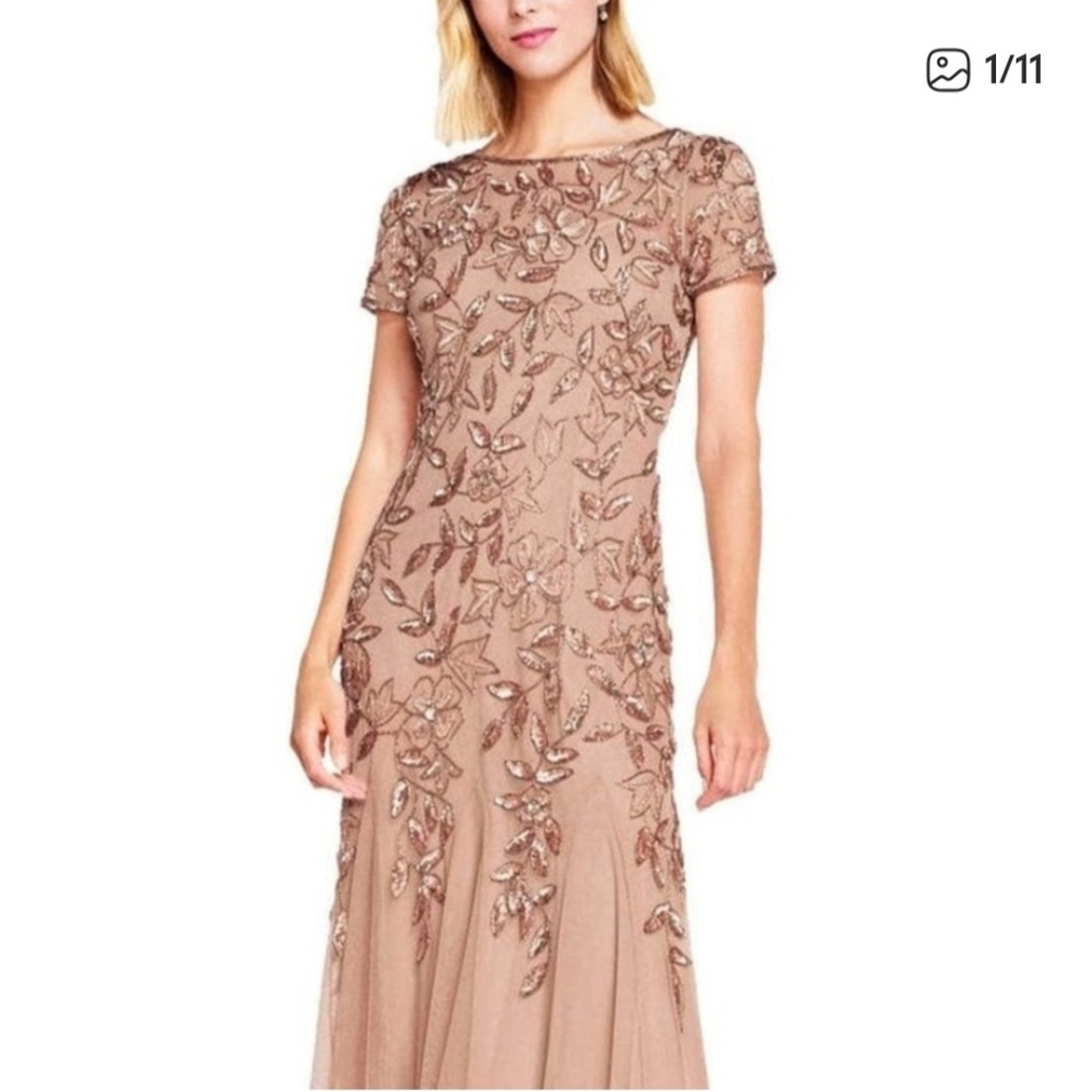 Adrianna Papell Rose Gold Floral Embellished Maxi Dress with Godets